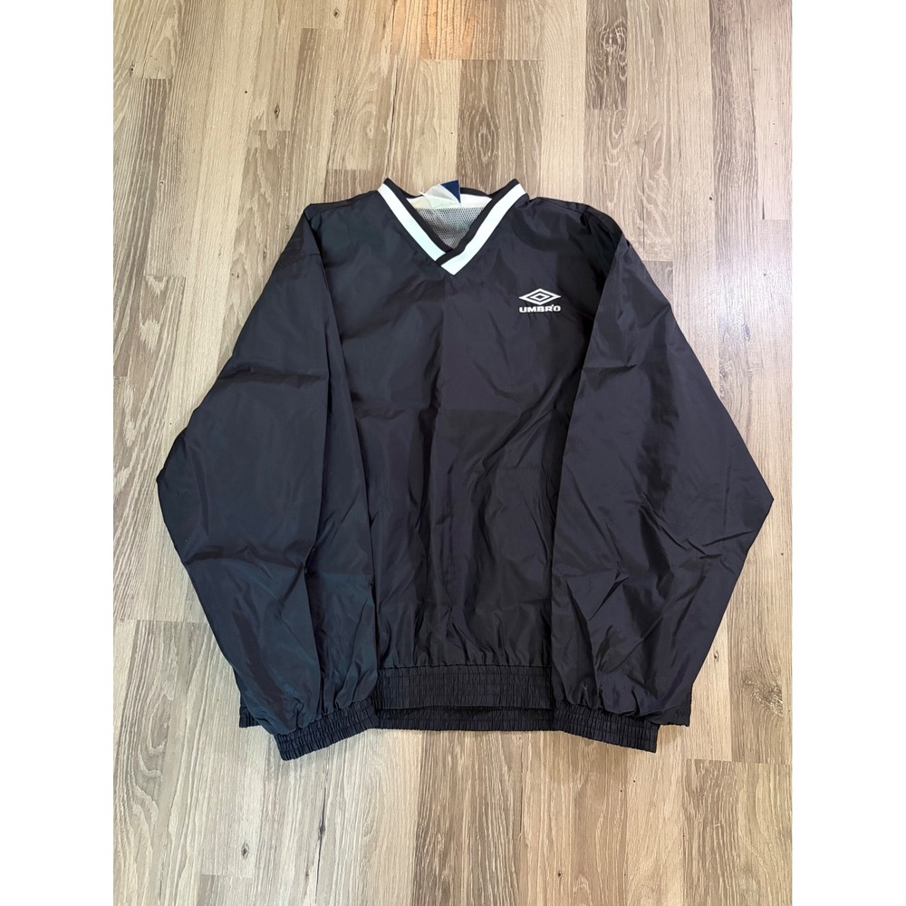 Vintage 90s Umbro Black Nylon V-Neck Jacket Windbreaker Pullover Men XL Soccer